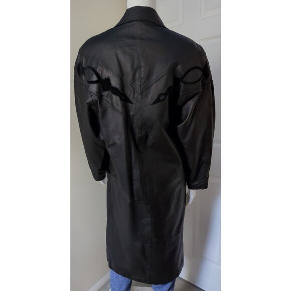 VTG Marco Morani Black Leather Trench Button Up Coat Suede Embellishments Size M - Picture 8 of 9